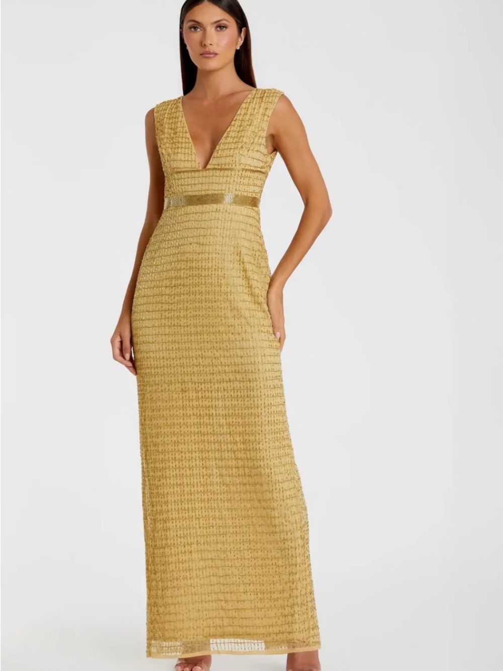 NWT Mac Duggal Gold Beaded Cap Sleeve V Neck Column Gown